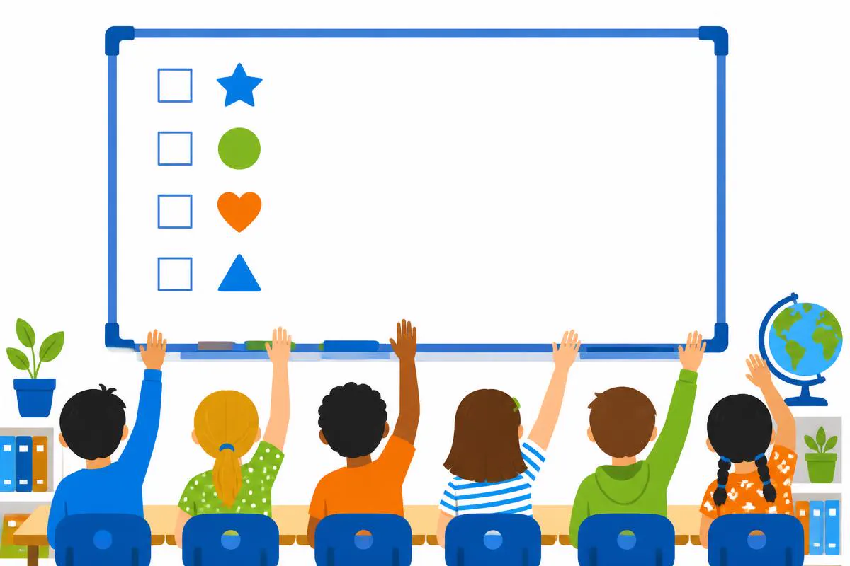 Illustratie van een klas die samen regels op een poster aan de wand vaststelt