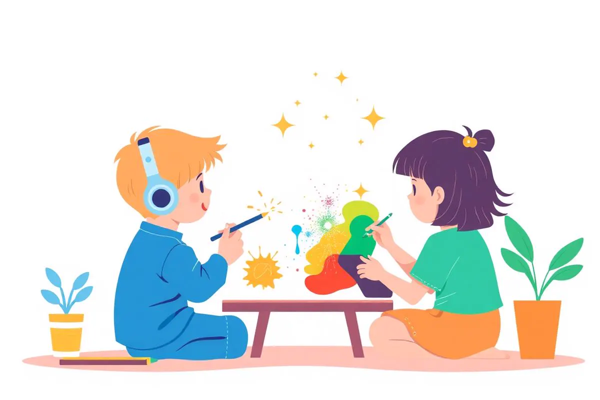Illustratie van twee kinderen die samen een kleurrijk kunstwerk maken met digitale sprankels