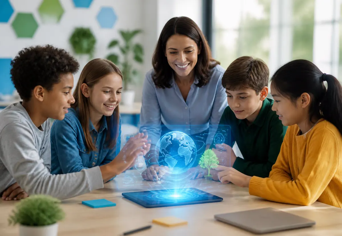 Kinderen uit groep 7 en 8 die samenwerken met AI in een heldere, moderne klas