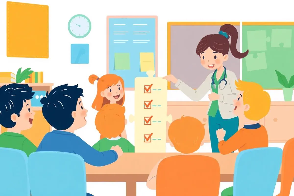 Illustratie van een klas die samen puzzelstukken over burgerschap en digitale geletterdheid legt