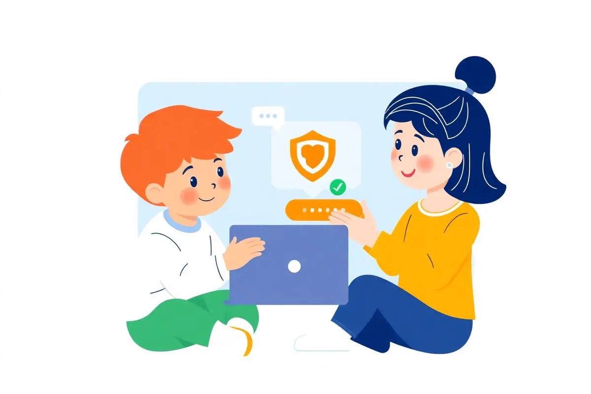Illustratie van twee kinderen die begeleid met een AI-chatbot op een laptop werken