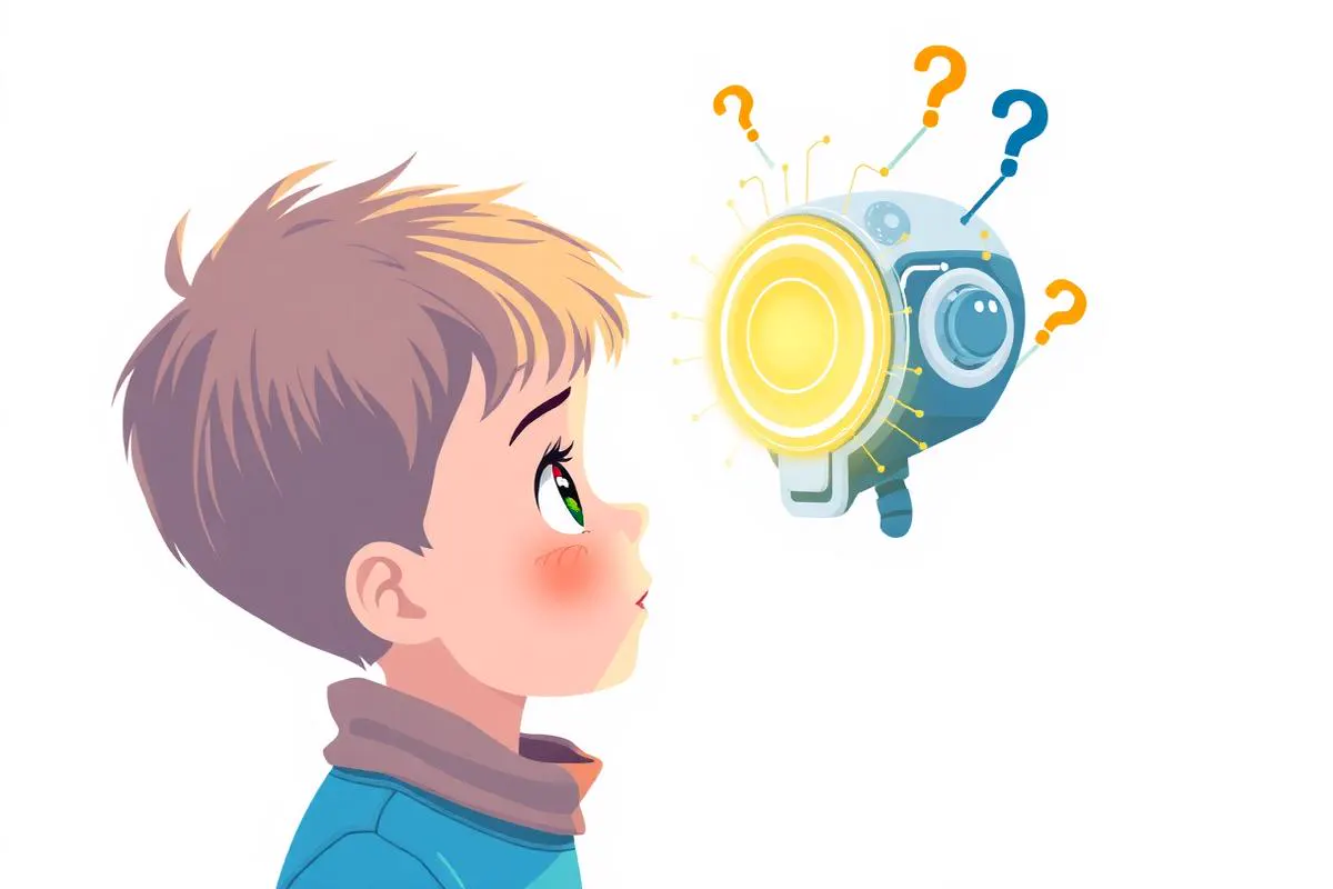 Illustratie van een kind dat naar een vriendelijke AI-robotkop met vraagtekens kijkt